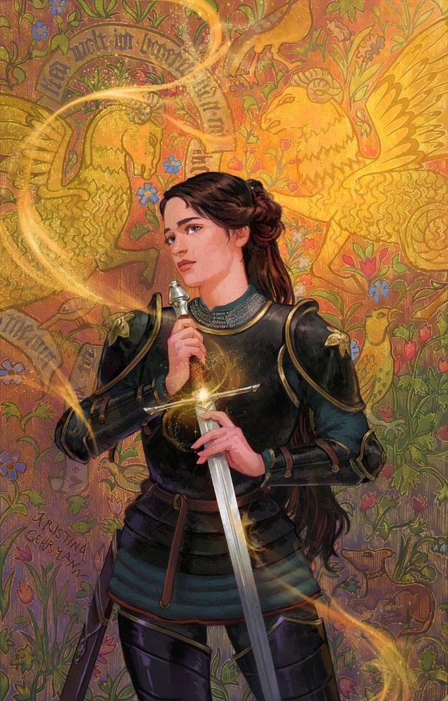 A young woman in 15th century inspired black plate armor, looking wistfully and holding a longsword that has a magical golden light emanating from it. Behind her is a rich colorful tapestry with late Medieval motifs that's interwoven with gold thread.
