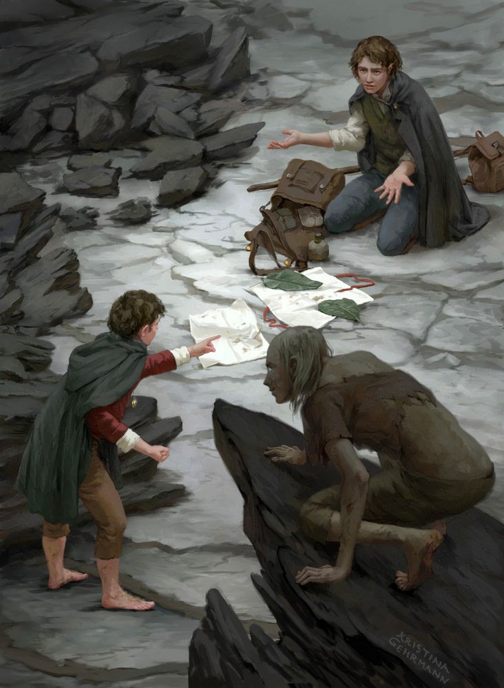 Frodo accusing Sam of eating their precious supply of Elvish bread. Gollum is perched on a jagged rock, watching the scene from above, visually and metaphorically driving a wedge between the two best friends.