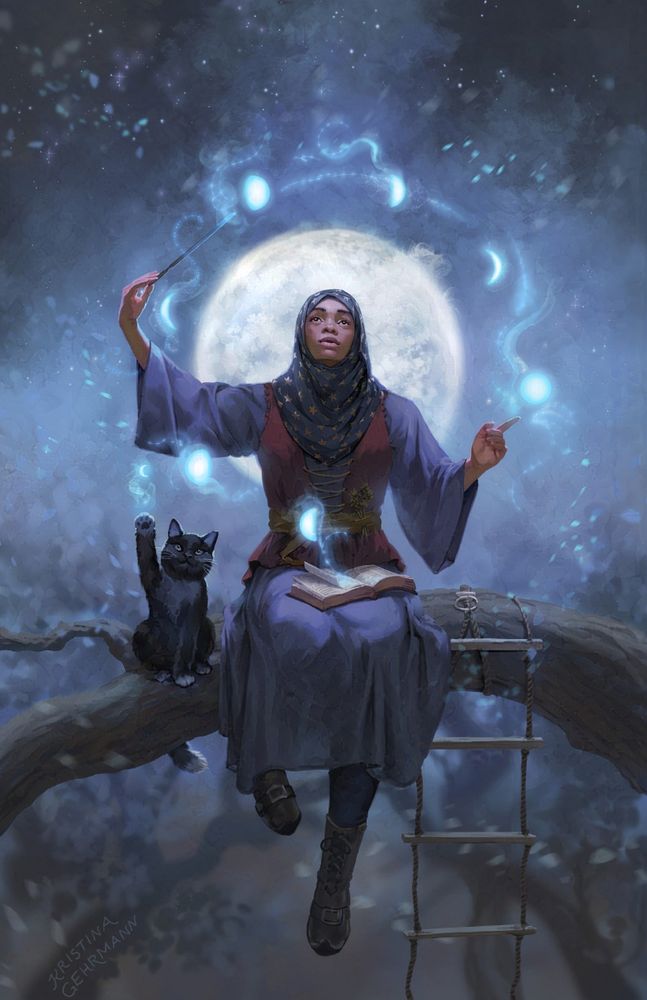 A young woman in hijab sitting on a tree branch.  She is holding a wand, conjuring up glowy, magic forms of moon phases. Behind her is the sky with a large, full moon. Next to her a cat is sitting and also attempting to do magic.
