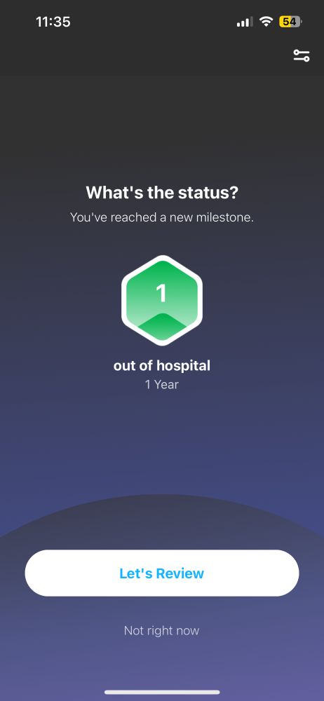 a screenshot from the app I Am Sober that says i have been out of hospital for one year 