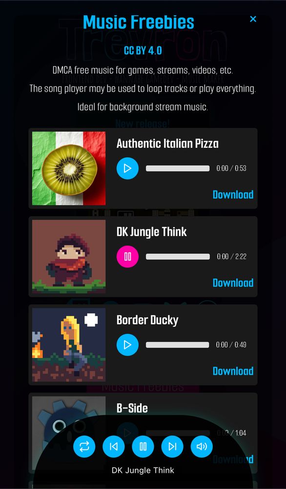 Music freebies screenshot from https://trevron.dev