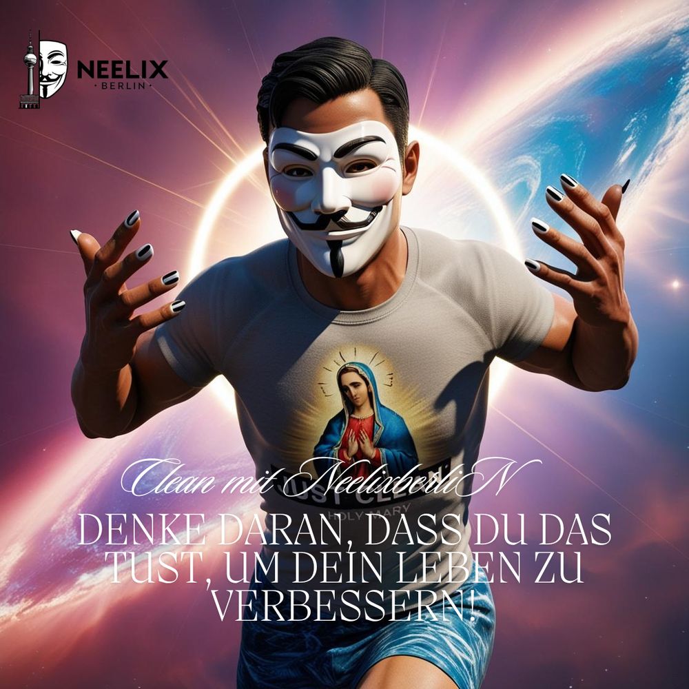sportlicher Mann mit Anonymous Maske. Er ist tätowiert  hat schwarze und weiße lackierte Fingernägel und ein T-Shirt mit dem Spruch: Just clean . Auch die heilige Maria ist auf dem T-Shirt zu sehen. Er hat einen heiligen Schein über sich. Er fliegt durch das Universum