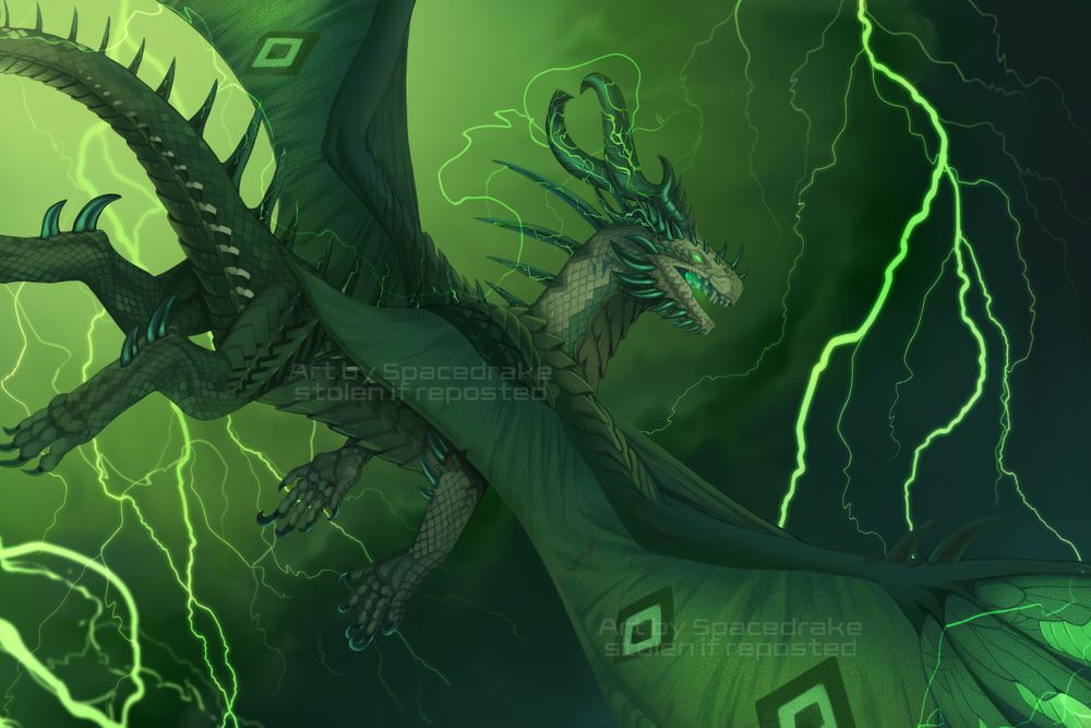 a white and iridescent black thunder dragon is flying in the eye of a hurricane with lightning crackling around here and bouncing off of her metal horns like lightningrods