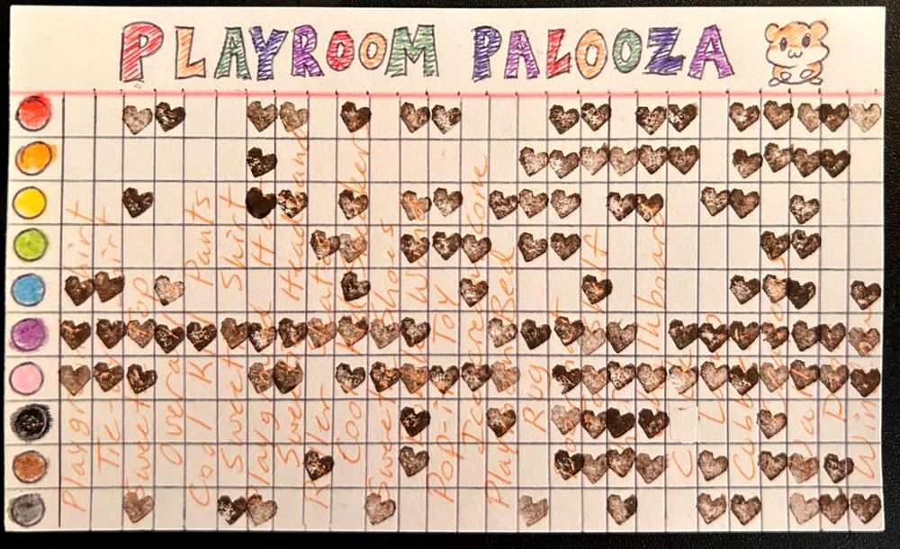 An index card chart marking the progress of collecting the Playroom Palooza set in the Finch app.
