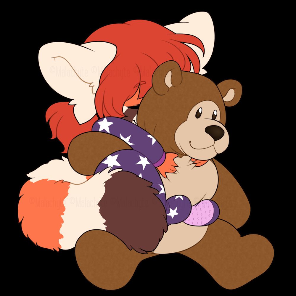 A young anthro red panda cub wearing PJs and hugging a teddy bear.