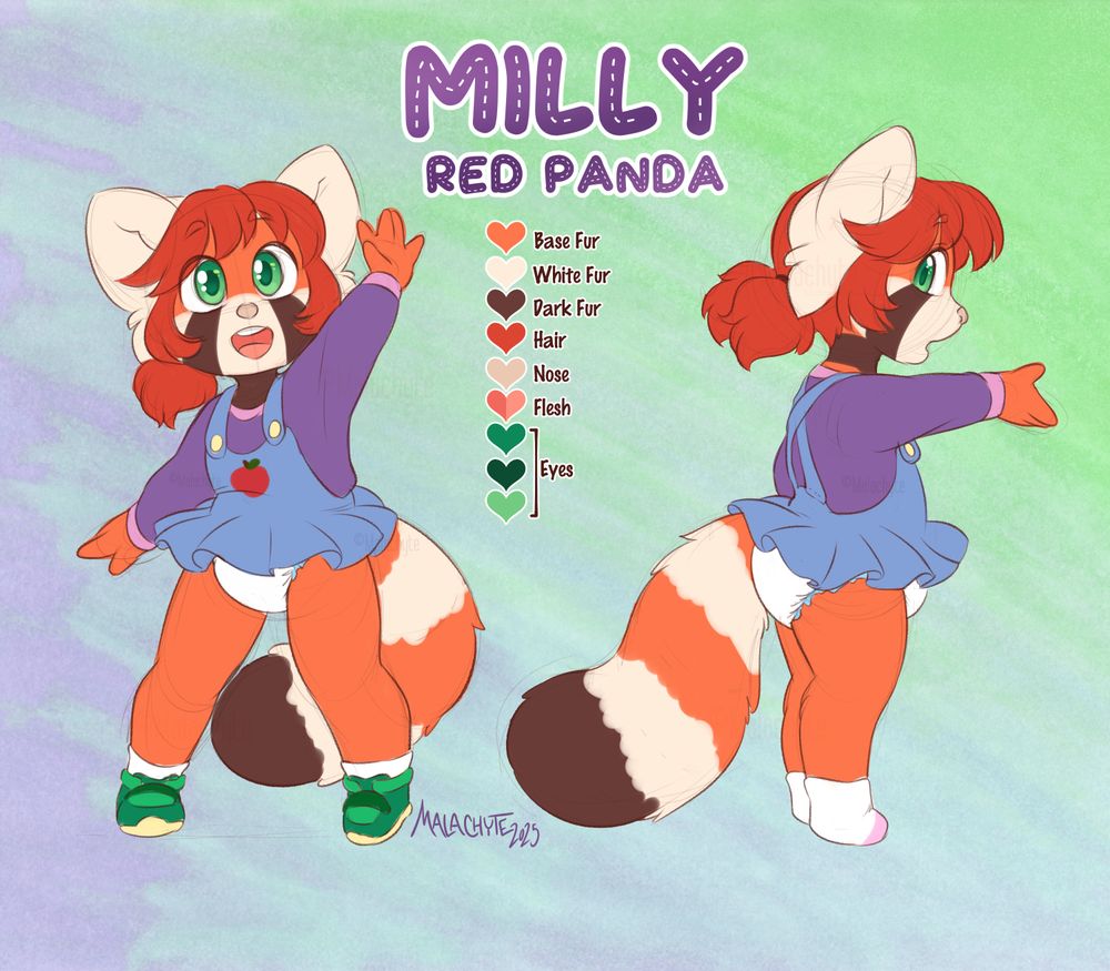 A reference sheet for a young anthro red panda cub named Milly. She's wearing an overalls skirt, purple sweater, and a diaper.