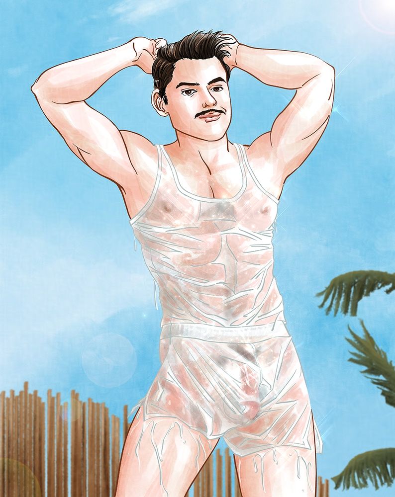Pinup of Howard Stark in pearly white see through full body swimsuit, his hands behind his head as his transparent clothing glistens in the sun- his nipples, chest and pubic hair, and cock (pressing against the fabric) barely visible. Palm leaves and wooden fence are seen in the background with a blue sky.