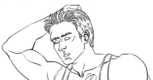 Cropped image of Steve Rogers/Captain America in tank top, running his fingers through his hair.