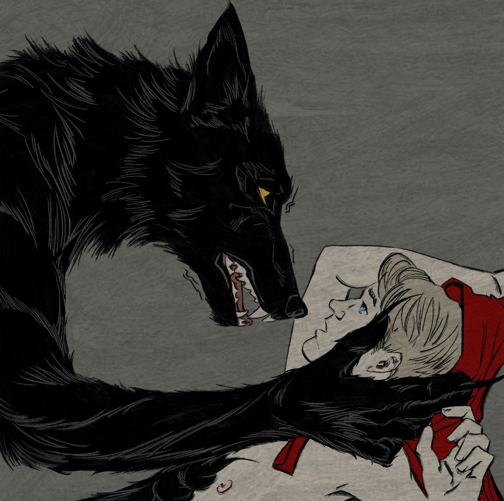 Side profile view of (Tony) Stark Wolf with one claw cradling skinny Steve's face and the other paw pressing against Steve’s chest. Stark Wolf is covered in midnight fur and is trembling while staring at Steve with his golden eyes