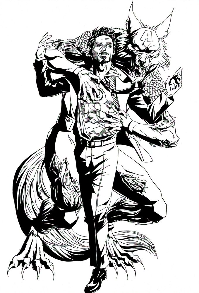 CapWolf (Werewolf Steve Rogers/Captain America) growling behind Tony Stark, tearing open his suit jacket and dress shirt with clawed talons.