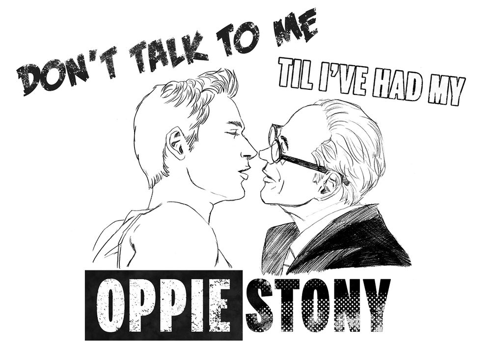 Professor Tony Stark (looking like RDJ from Oppenheimer- balding white hair with thick horn rimmed glasses and face shaved in a suit) and student Steve Rogers inches away from kissing with the text "Don't Talk to Me til I've Had My Oppie Stony"