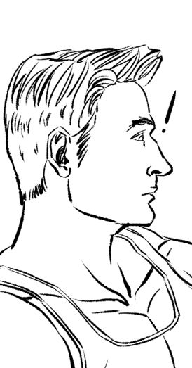 Steve Rogers/Captain America in a tight tank top looking at something indicated by an exclamation mark