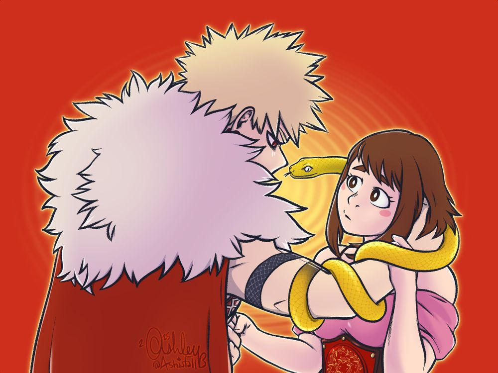 It's the lunar new year of the snake, the most important lunar year for the Bakugou's, specifically prince Bakugou.  Adorned with a black serpent tattoo wrapped around his right arm, during the lunar event, he takes his bride, Ochako Uraraka, and goes through a ceremony of bonding.  Typically a public ceremonial event, they are surrounded, but to themselves it's just the two of them.  He places the hand of his serpent-adorned arm to her head, and their love for one another brings the tattoo to life. The serpent phases out of his arm as a golden snake, and will wrap itself around the both of them, seemingly endless.  It's trail will leave a tattoo of it's own into her skin before phasing back into the both of them.  She will be left with a tattoo adorning her collar, down her shoulder and across her left arm to mirror his own. 