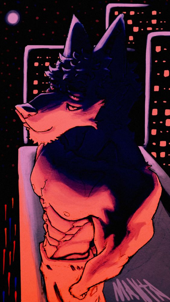 A muscular anthro wolf is illuminated by the lights of the city below