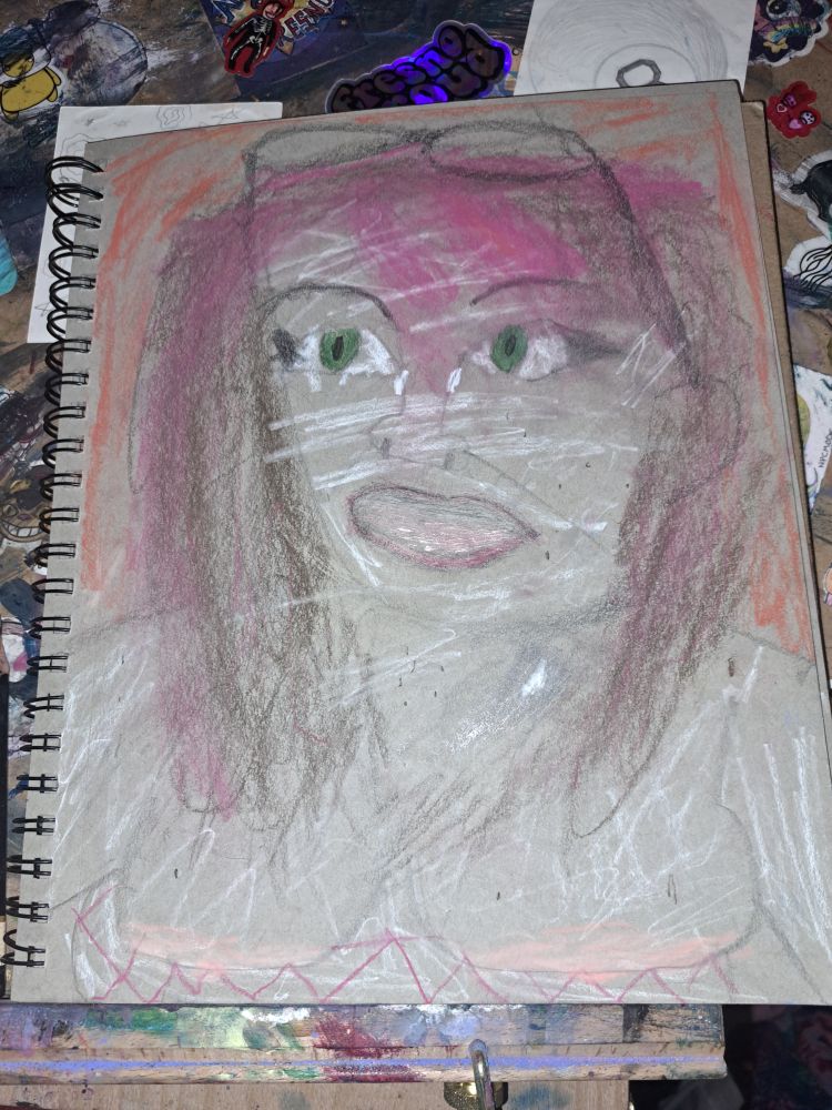 A sketchbook drawing of vee nectarine with mouth open, shirtless wearing fishnets on her stomach, and glasses on top of her head 