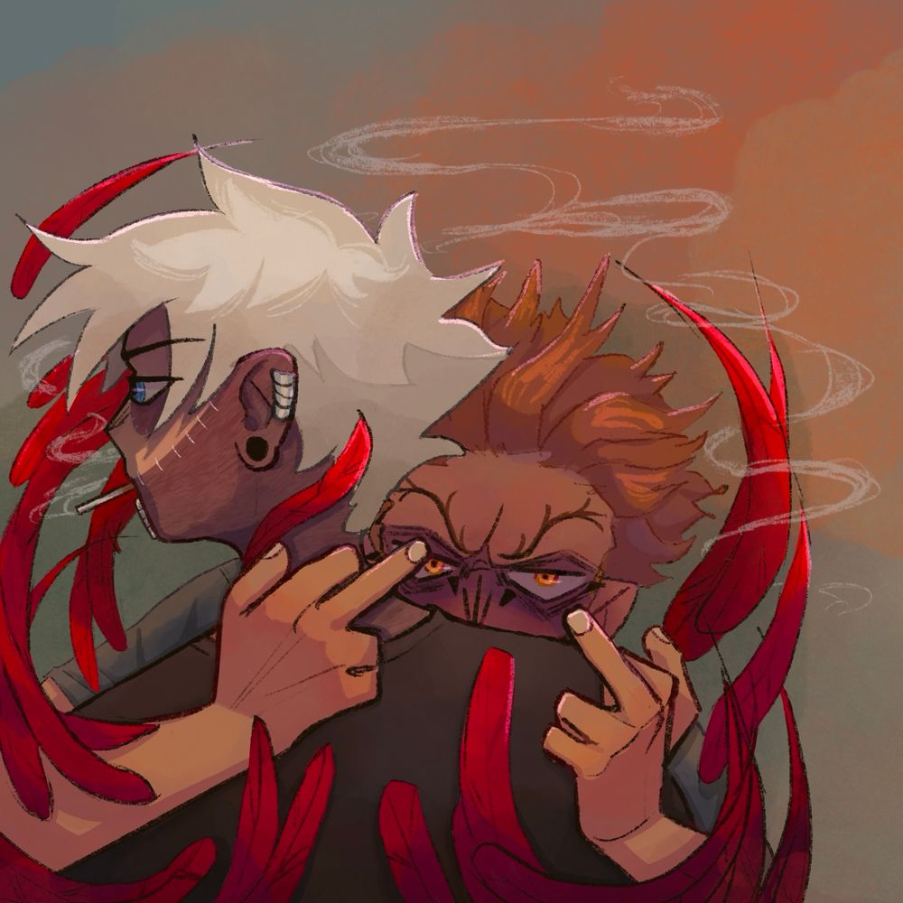 A bust drawing of Dabi and Hawks. Dabi is facing away from the camera, looking left as he smokes a cigarette. Hawks peers over Dabi’s shoulder menacingly wi the both arms around Dabi and his middle fingers up. Red feathers frame them.
