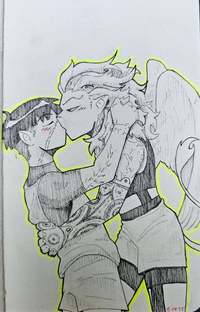 Young Kuugo, in his human form, is tilting his head up with a hand on the back of Shishido's neck as he kisses Shishido. Shishido holds him around the waist as he kisses him back, wings craddeling them and tail swishing. 