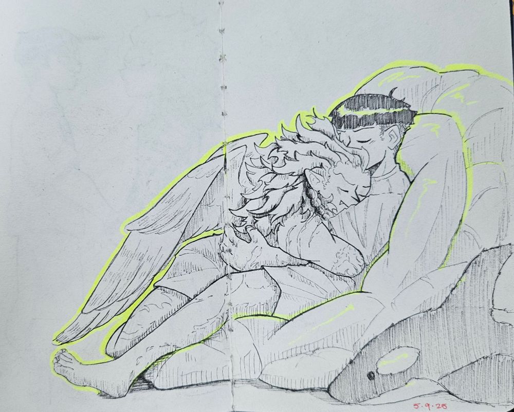 Leaning against a pile of pillows, Kuugo (human form) sits with Shishido laying on top of him. Shishido embraces him warmly, his scarred and amputated arm holding Kuugo in place as he presses his face into Kuugo's chest. His wings settle down gently behind him. There is an orca plushy lying by the pillows in the bottom right corner. 