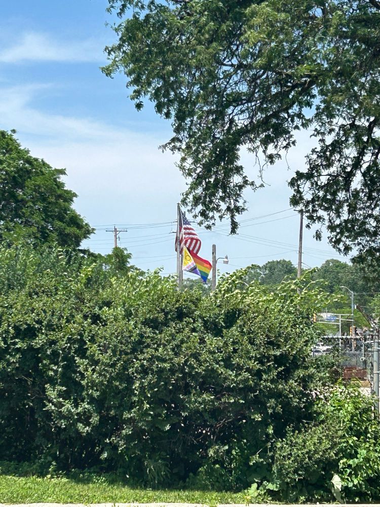 A photo of a green parkway area that includes a flagpole flying the US flag, with the progressive pride flag below it. 