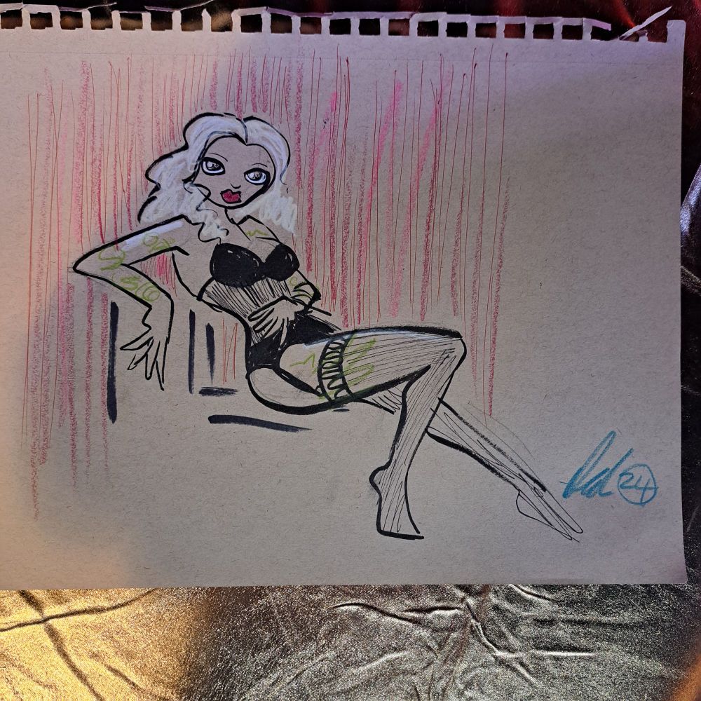 Drawing of a blonde female model with tattoos in black lingerie, reclining 