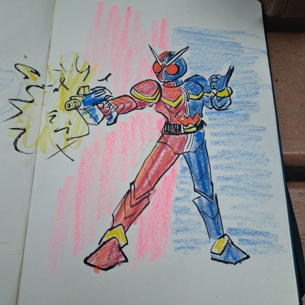 A drawing of Kamen Rider Double in his Heat Trigger form, red on his right side, blue in his left.