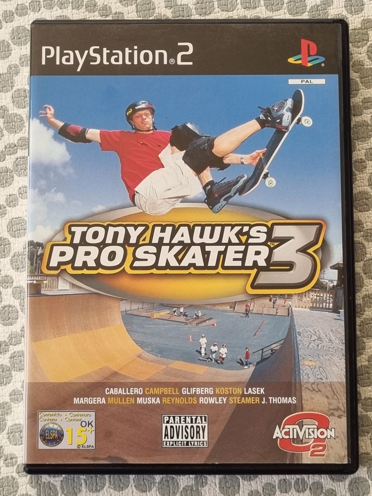 Photo of the case of Tony Hawk's Pro Skater 3 for PS2. The "Parental Advisary" sticker is prominent of course. 