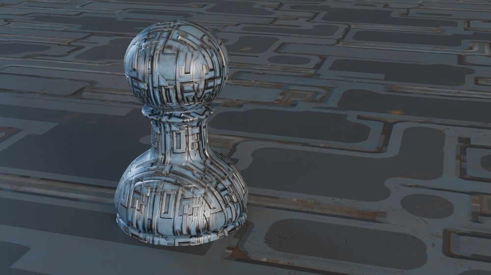 Render of a chess pawn in sci fi style on a metallic table surface 