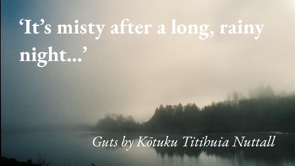 A portrait of the writer Kōtuku Titihuia Nuttall, with a quote from her short story Guts: 'It's misty after a long, rainy night…'