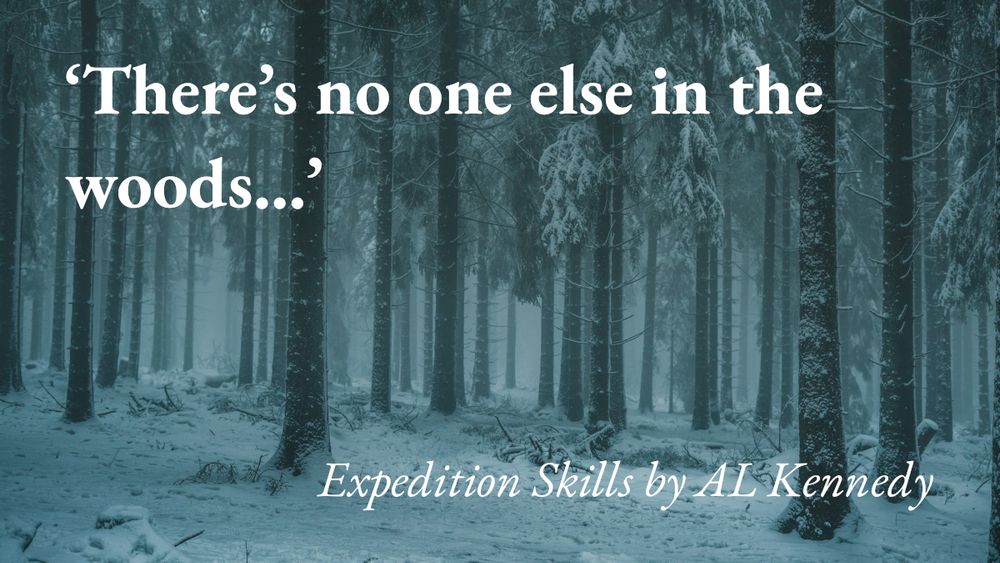 Snow in an empty forest, with a quote from AL Kennedy's short story Expedition Skills: 'There's no one else in the woods…'
