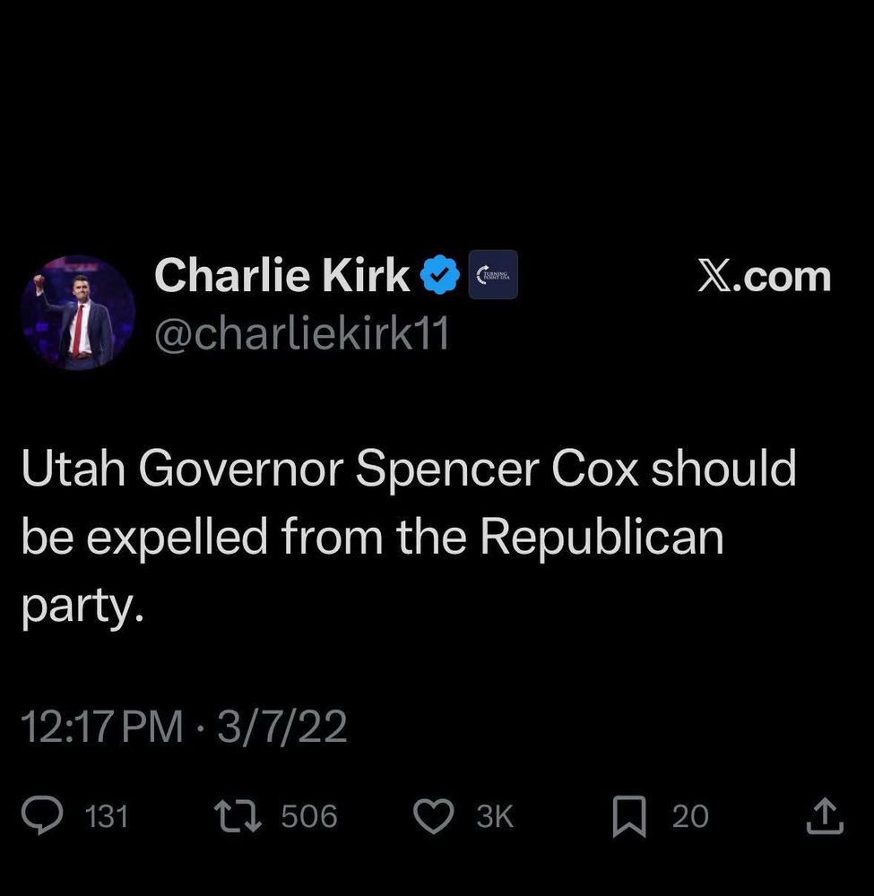 Charlie Kirk
@charliekirk11
X.com
Utah Governor Spencer Cox should be expelled from the Republican party.
12:17 PM • 3/7/22
