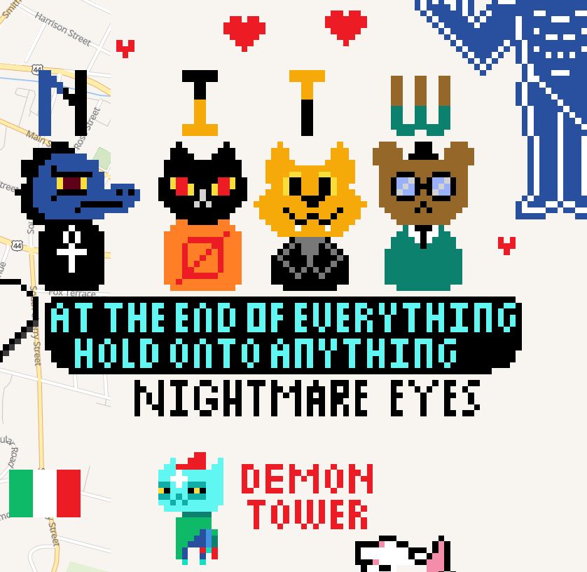 Drawing of the main gang from Night in the Woods in the app/site Wplace, over the Poughkeepsie area