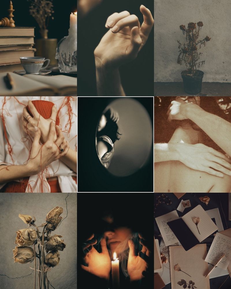 Mood board with images including dead flowers, books with tea, a girl in a mirror, and hands cupped around a candle