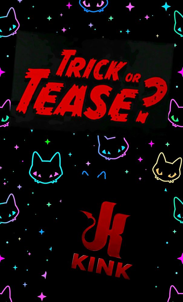 Trick or Tease? und K Kink in roter Schrift als Text auf schwarzen Hintergrund mit Neonsternen und Katzenköpfen