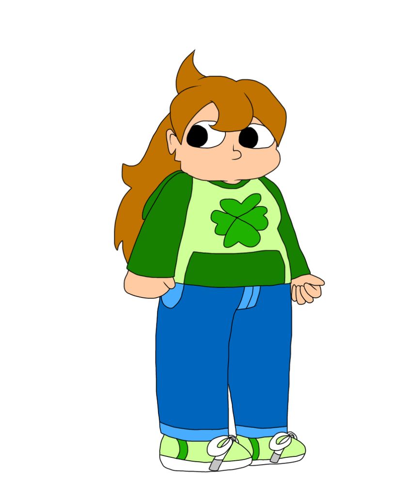 A picture of a person with long dirty blonde hair, a green hoodie with a clover on it, blue jeans, and green shoes.