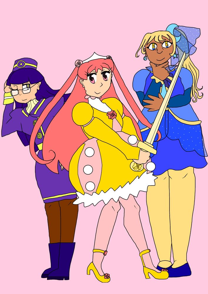 Three magical girls. From left to right: a purple-and-yellow dressed woman with glasses; a princess with golden dress and pink hair holding a sword; and a tall mid-thirties woman dressed in celestial-themed clothing.
