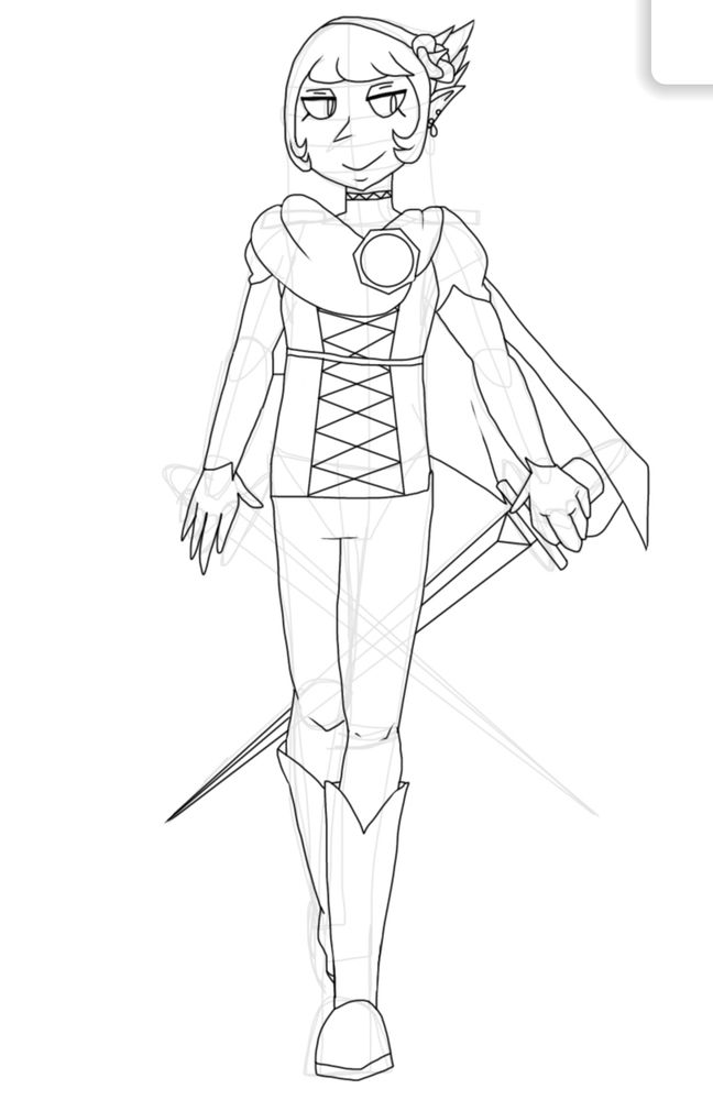 A tall elf woman stands with sword in right hand, wearing a short cape and knee-high boots