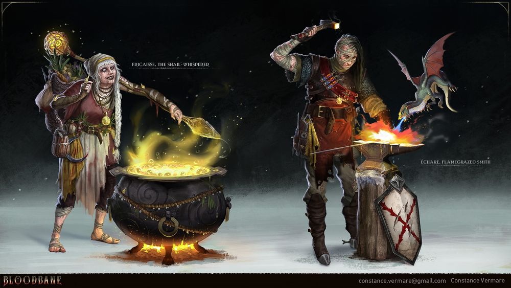 A concept sheet showing two NPC. One is a cook named Fricaisse. She is a strange looking old woman, stirring a big smoking cauldron. She wears rags, and a big basket full of food. Golden snails roam on her body, and one of them seems to be whispering in her ear. She has a wicked but kind gaze. Her eyes and mouth are covered with a black material, and she has various strange tattoos on her chin and arms (maybe remnants symbol of cultures gone with christianity).
The other character is a strong but broody man. He's a blacksmith forging a sword, with the help of a salamander and its fiery breath. His whole body bears burning scars, covered by bandages including is face. He wears a leather armor, potions and various tools for his craft. A shield, white with a red jagged cross, is silently waiting next to him.