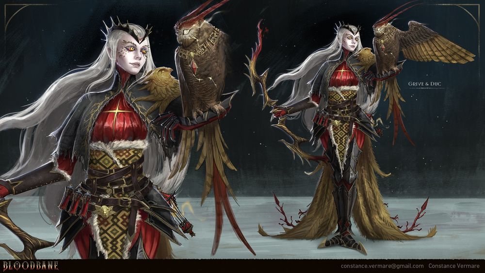 Grive is a supernatural being summoned as a last resort to defend the kingdom. She's mainly made of blood and muscles with chitin-like armor.
Duc is a mystical owl and her guardian. He's the leader of a group called the Order of the Toison d'Or, and legendary protector of the capital city, Dijon.