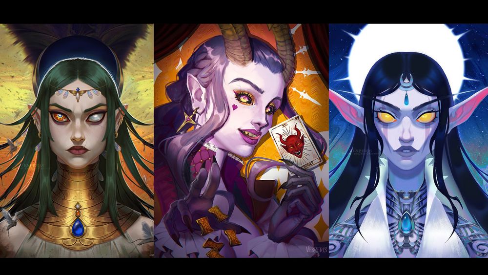 3 portraits of different women. One is a green haired elf, the middle one is a pink tiefling, and the last one a blue skinned night elf.