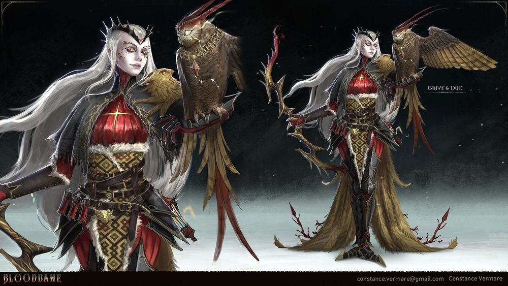Grive is a supernatural being summoned as a last resort to defend the kingdom. She's mainly made of blood and muscles with chitin-like armor.
Duc is a mystical owl and her guardian. He's the leader of a group called the Order of the Toison d'Or, and legendary protector of the capital city, Dijon.