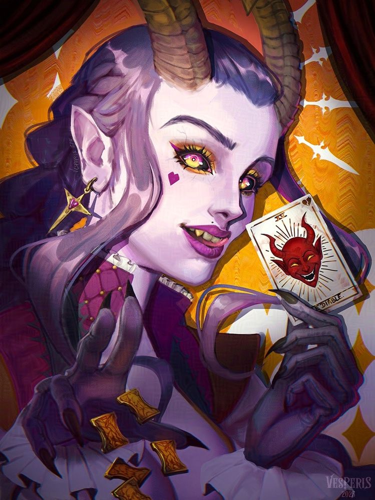 A portrait of a pink skinned tiefling, holding the tarot card "The Devil" and throwing gold coins to the viewer. She has purple hair and golden horns, with heavy golden stage makeup. A spotlight lights her face, highlighting her mischevious gaze.