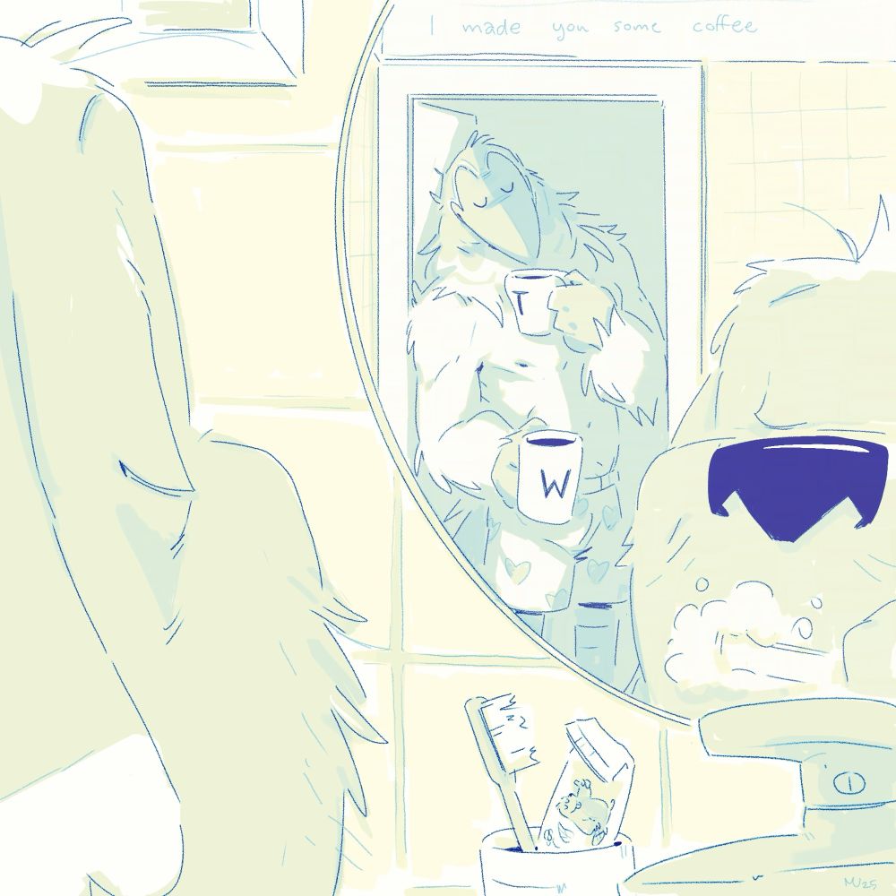 An anthropomoric bird standing at a bathroom door holding two cups of coffee while an anthropomoric dog is brushing his teeth