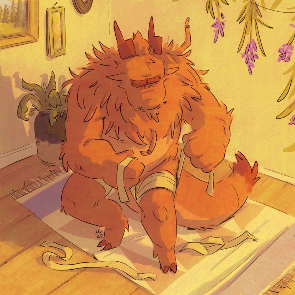 A furred anthropomorphic dragon standing in a room while wrapping a bandage around his leg.