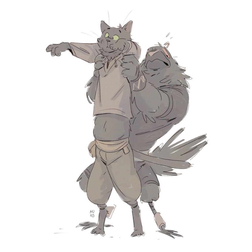 A kenku pulling up a tabaxi from behind. While the paws still touching the ground, the tabaxi's body is very stretched, resembling a popular cat meme.