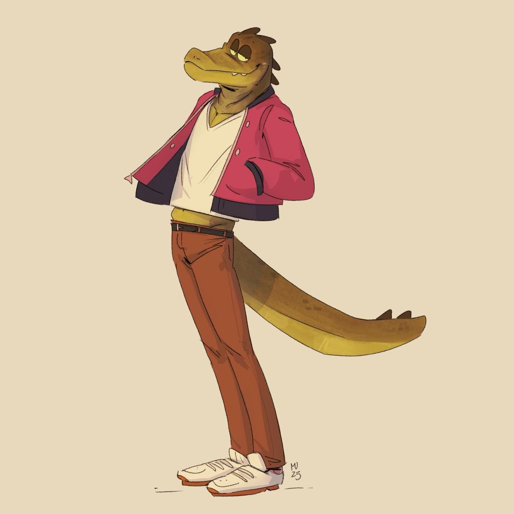 An anthropomorphic crocodile wearing a red jacket and brown pants, looking at the viewer, while having his hands in the jacket's pockets.