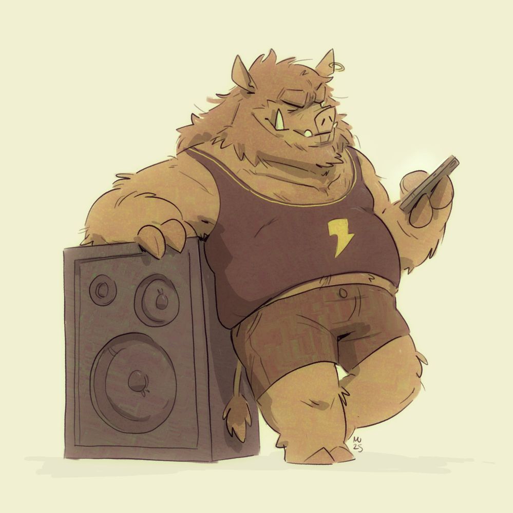 An anthropomorphic boar leaning on a big speaker while looking at his phone.