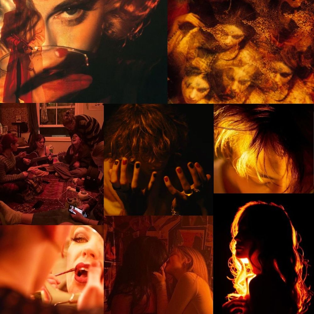 A red and black moodboard of images including a woman looking menacingly over a glass, a double-exposure image of masked faces, a group of friends sitting and singing on the floor, a person with painted nails holding their head in their hands, a person with short hair looking down, a woman applying lipstick in a mirror, two people kissing, a menacing backlit woman