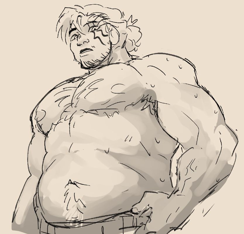 a digital sketch of livio the double fang from trigun. it is from a downward angle looking up at him shirtless. he is fat and hairy and has big pecs and top surgery. 