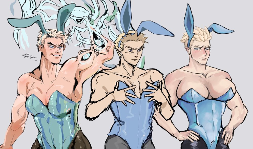 A digital drawing of three versions of Knives from Trigun. They are all dressed in blue Playboy bunny outfits with ears and tights. On the far left is Trigun Maximum Knives with a medium boob cup. In the middle is 98 Knives with small boobs. On the right is Stampede Knives with boobs that are frankly humongous. Trigun Maximum Knives is satisfied with the range of motion, 98 Knives is seemingly jealous of Stampede Knives, and Stampede Knives has his hands on his hips.