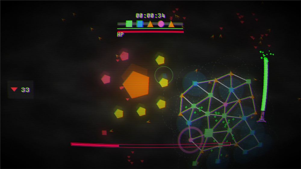 Player base of interconnected nodes - types: shields, shooters, resource generators, short range wave clear. Enormous enemy formation is near the enemy base, made of 4 flying shooters, 2 flying bombers and a mega flying tier 2 boss. Plenty of resources generated and left after destroyed enemies lying on the map. Laser skill is ready for use.